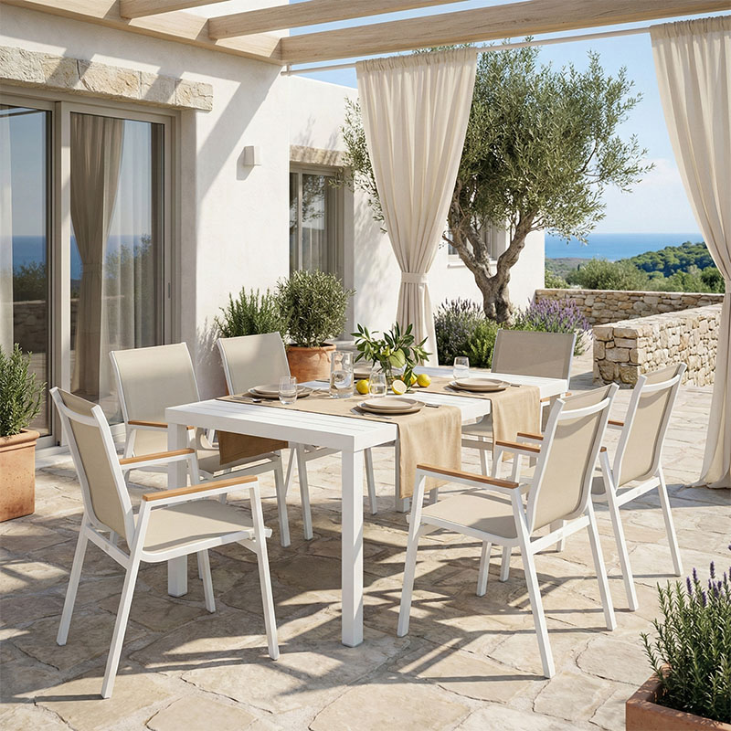 product_pako_288-000012 Τραπεζαρία Azelie-Kliton ΙΙ σετ 7τεμ γκρι ύφασμα-λευκό αλουμίνιο 150x80x74εκ - Image 1