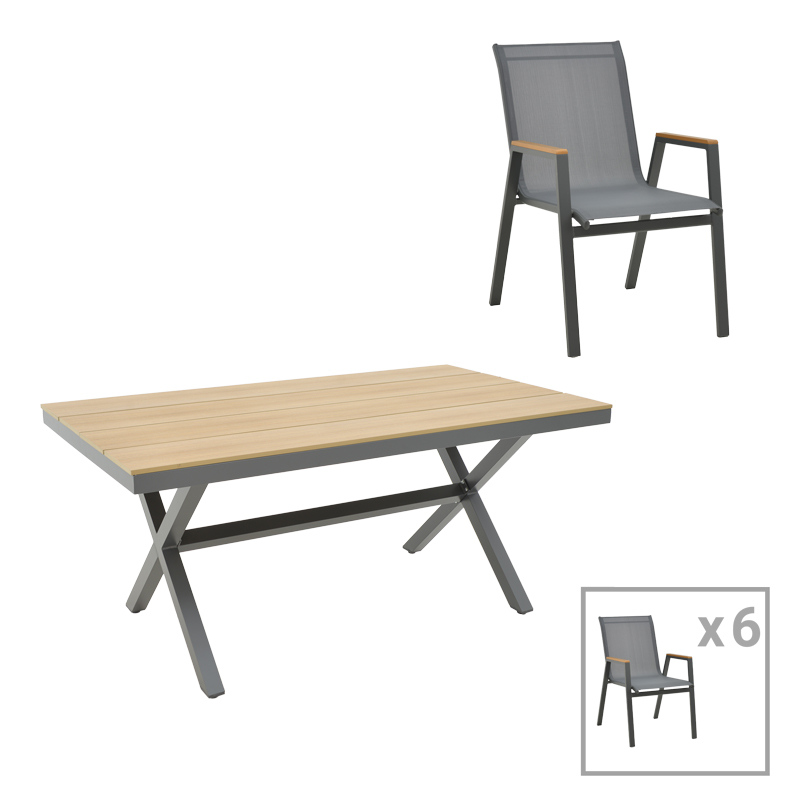 product_pako_288-000018 Τραπεζαρία Thorio-Azelie σετ 7τεμ ανθρακί αλουμίνιο και plywood σε φυσική απόχρωση 160x90x75εκ - Image 1