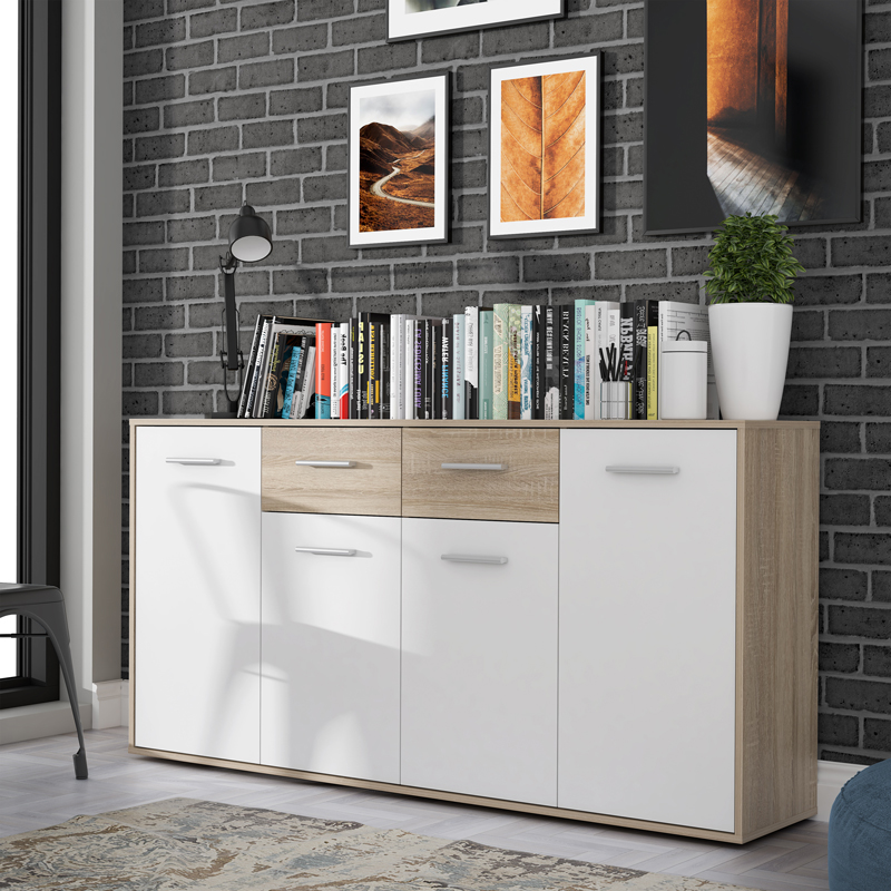 product_pako_318-000022 Μπουφές Drepen μελαμίνη σε λευκό και sonoma χρώμα 162.3x34.2x81.7εκ - Image 1