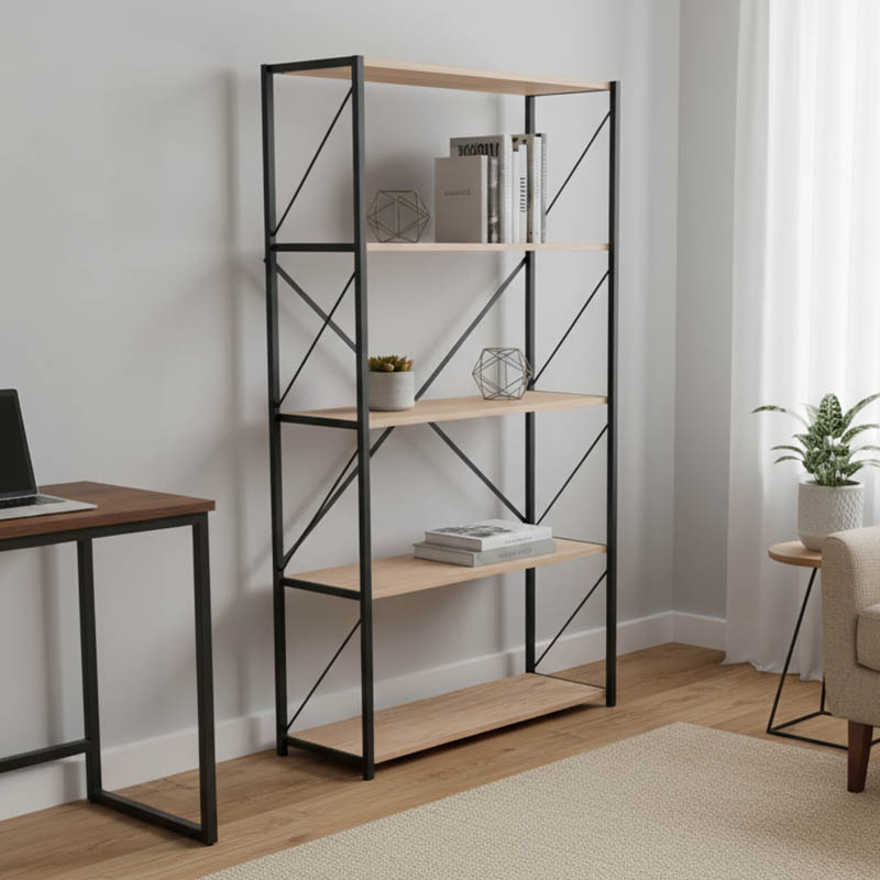 product_pako_321-000003 Βιβλιοθήκη Tikilmo oak μελαμίνης-μαύρο μέταλλο 88x34x180εκ - Image 1