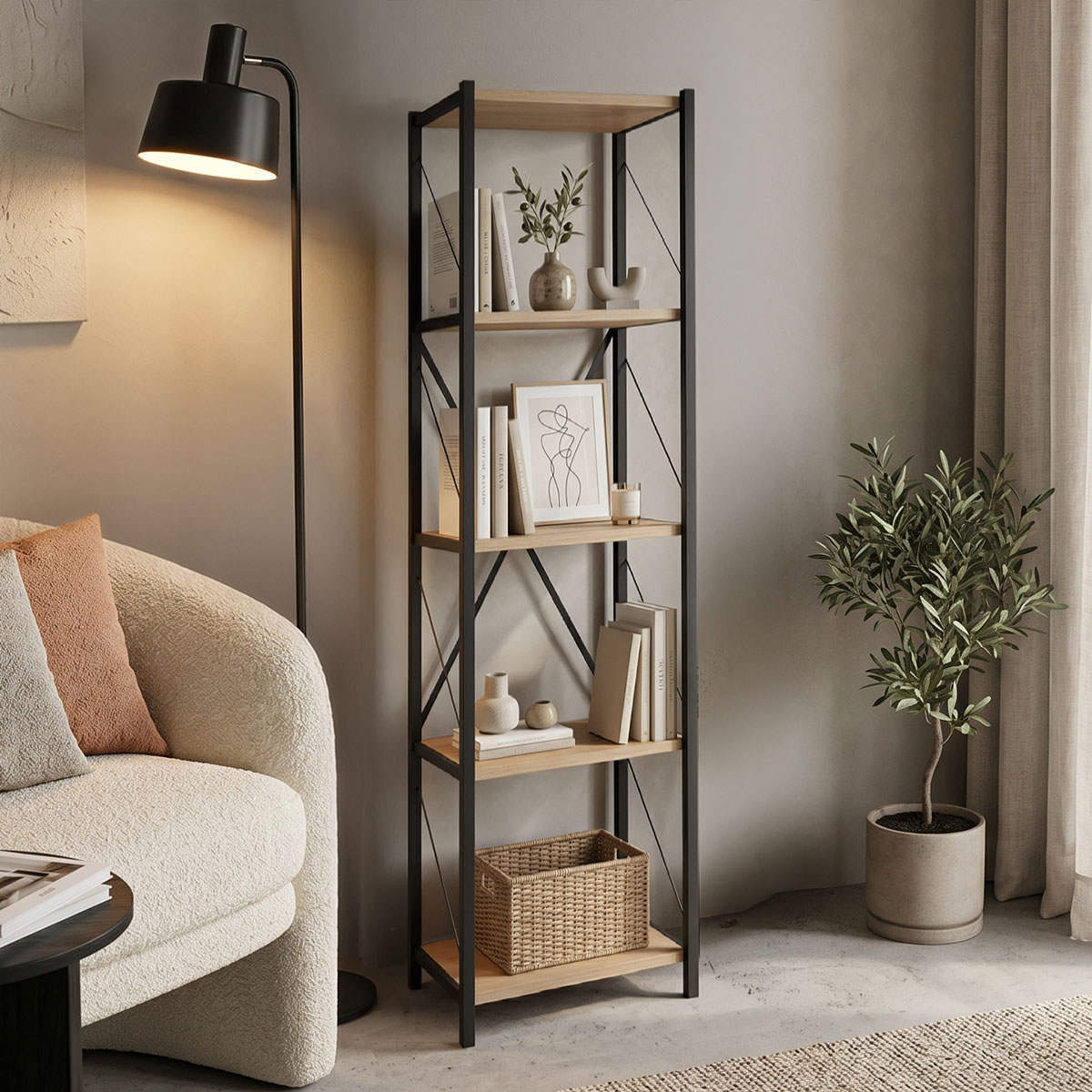 product_pako_321-000008 Βιβλιοθήκη Glase oak μελαμίνης-μαύρο μέταλλο 40x30x150εκ - Image 1