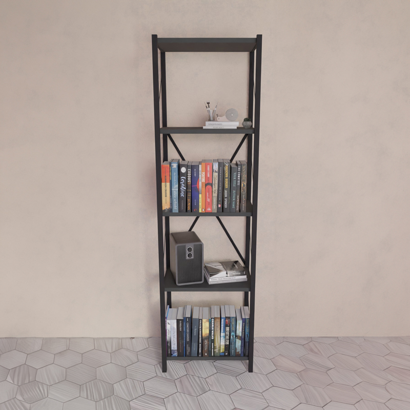 product_pako_321-000009 Βιβλιοθήκη Glase ανθρακί μελαμίνης-μαύρο μέταλλο 40x30x150εκ - Image 1