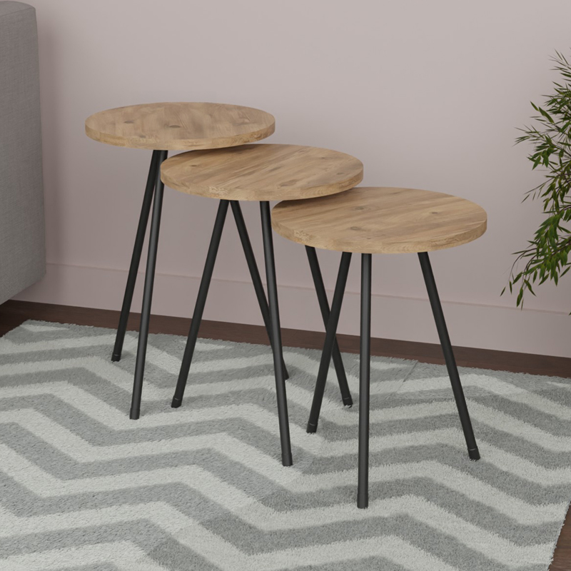 product_pako_321-000040 Βοηθητικό τραπέζι Sebko σετ 3τεμ oak μελαμίνης-μαύρο μέταλλο - Image 1