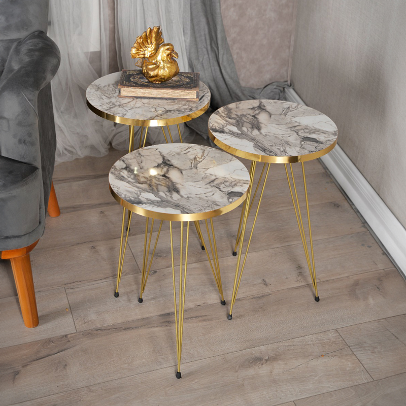 product_pako_321-000066 Βοηθητικά τραπέζια Wakmi σετ 3τεμ γκρι μπεζ μαρμάρου μελαμίνης-χρυσό μέταλλο - Image 1