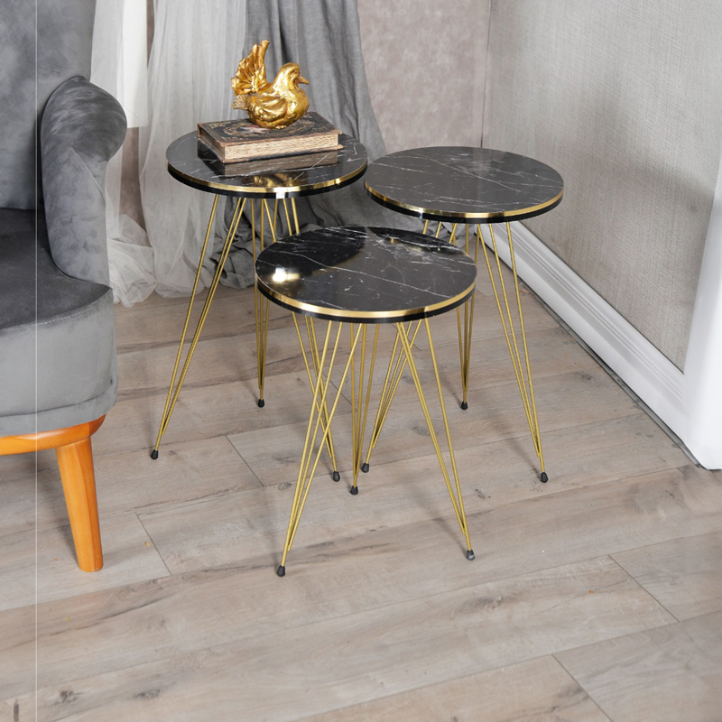product_pako_321-000067 Βοηθητικά τραπέζια Wakmi σετ 3τεμ μαύρο μαρμάρου μελαμίνης-χρυσό μέταλλο - Image 1