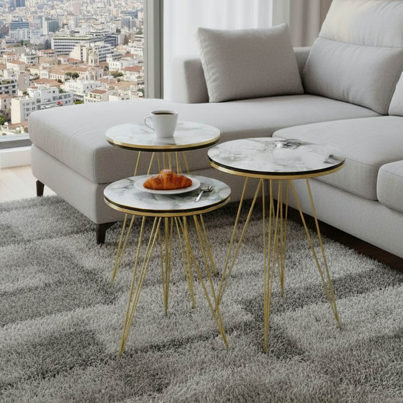 product_pako_321-000069 Βοηθητικά τραπέζια Wakmi σετ 3τεμ λευκό μπεζ μαρμάρου μελαμίνης-χρυσό μέταλλο - Image 1
