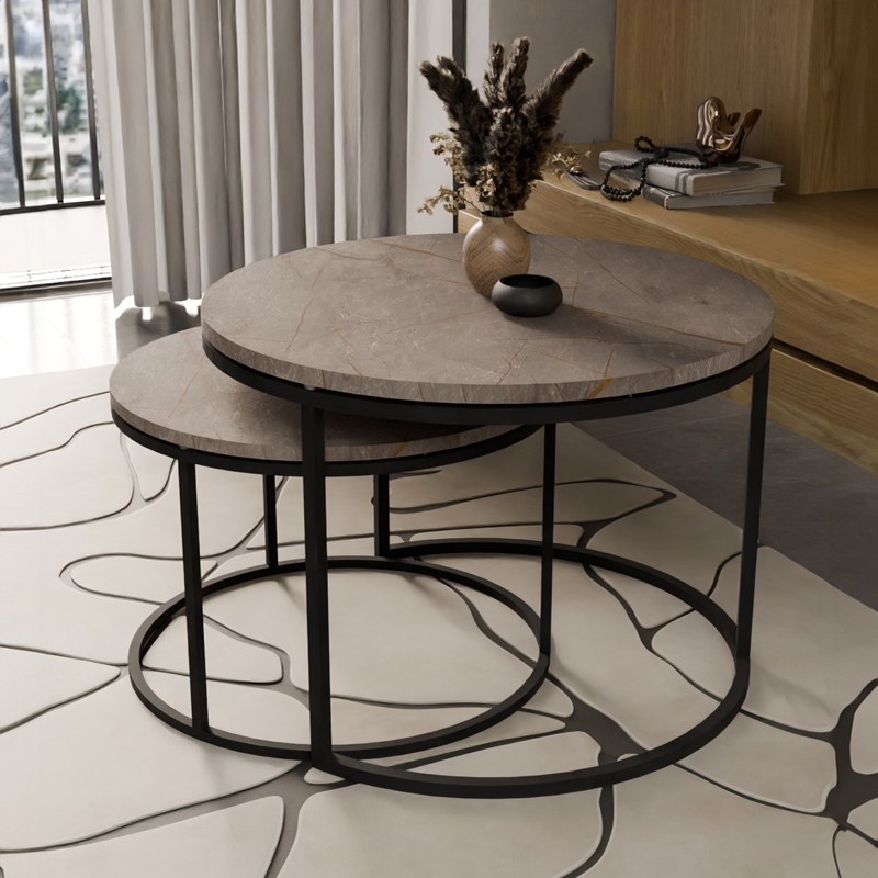 product_pako_321-000080 Τραπέζια σαλονιού Solme σετ 2τεμ γκρι μαρμάρου μελαμίνης-μαύρο μέταλλο - Image 1