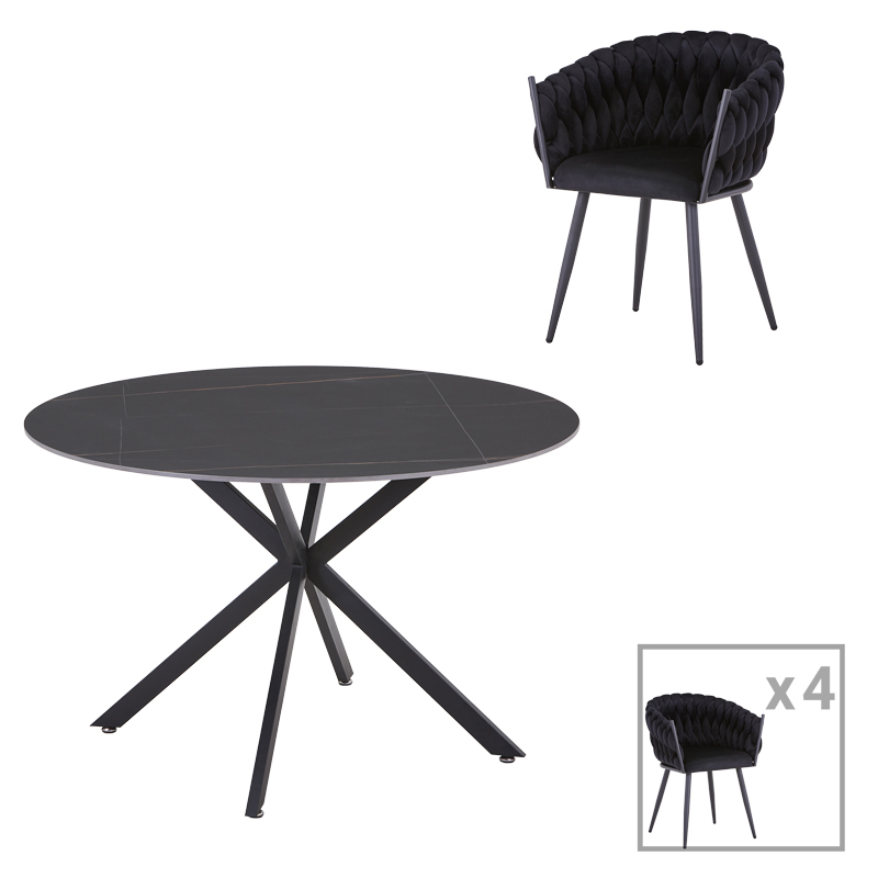 product_pako_327-000052 Τραπεζαρία Vivian-Stoyen 5τεμ μαύρο βελούδο - μαύρο μαρμάρου Φ120x75εκ - Image 1