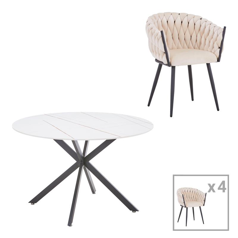 product_pako_327-000053 Τραπεζαρία Vivian-Stoyen 5τεμ μπεζ βελούδο - λευκό μαρμάρου Φ120x75εκ - Image 1