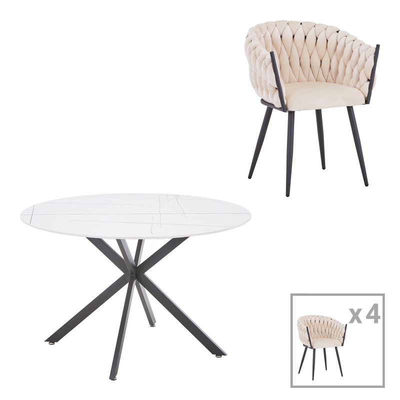 product_pako_327-000054 Τραπεζαρία Vivian-Stoyen 5τεμ μπεζ βελούδο - λευκό με μαύρο μαρμάρου Φ120x75εκ - Image 1