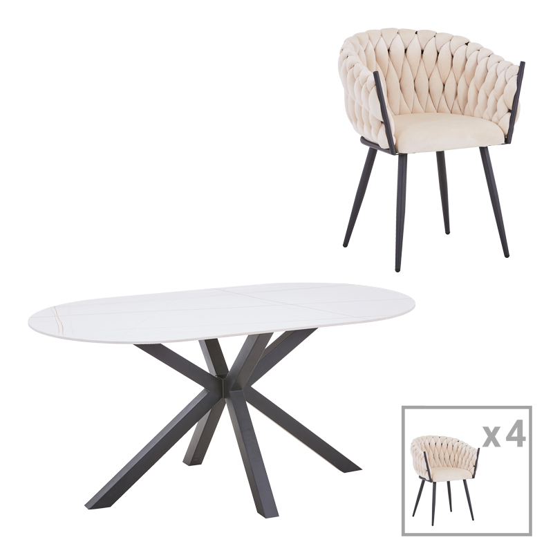 product_pako_327-000055 Τραπεζαρία Vivian-Makrey 5τεμ μπεζ βελούδο - λευκό μαρμάρου 160x90x75εκ - Image 1