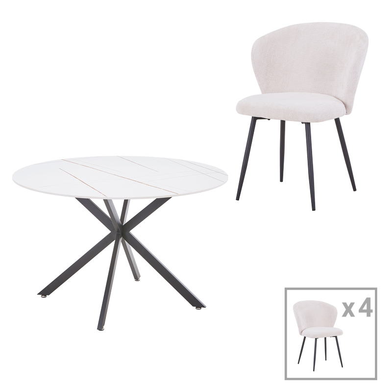 product_pako_327-000056 Τραπεζαρία Karg-Stoyen 5τεμ λευκό ύφασμα - λευκό-μπεζ μαρμάρου Φ120x75εκ - Image 1