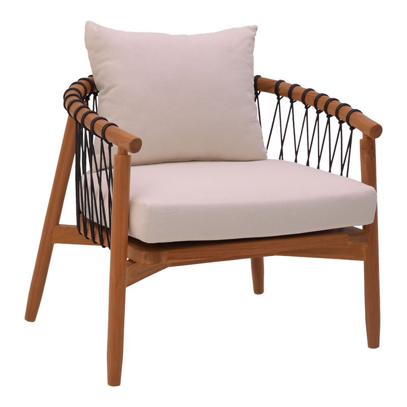 product_pako_335-000004 Πολυθρόνα Haribo φυσικό teak ξύλο-μαύρο σχοινί-λευκο μαξιλάρι 80x76x72εκ - Image 1