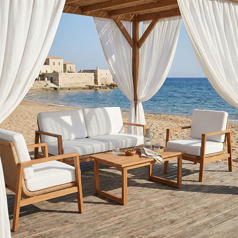 product_pako_335-000020 Σαλόνι Doumain σετ 4 τεμαχίων φυσικό teak ξύλο-λευκό μαξιλάρι-φυσικό ραττάν - Image 1