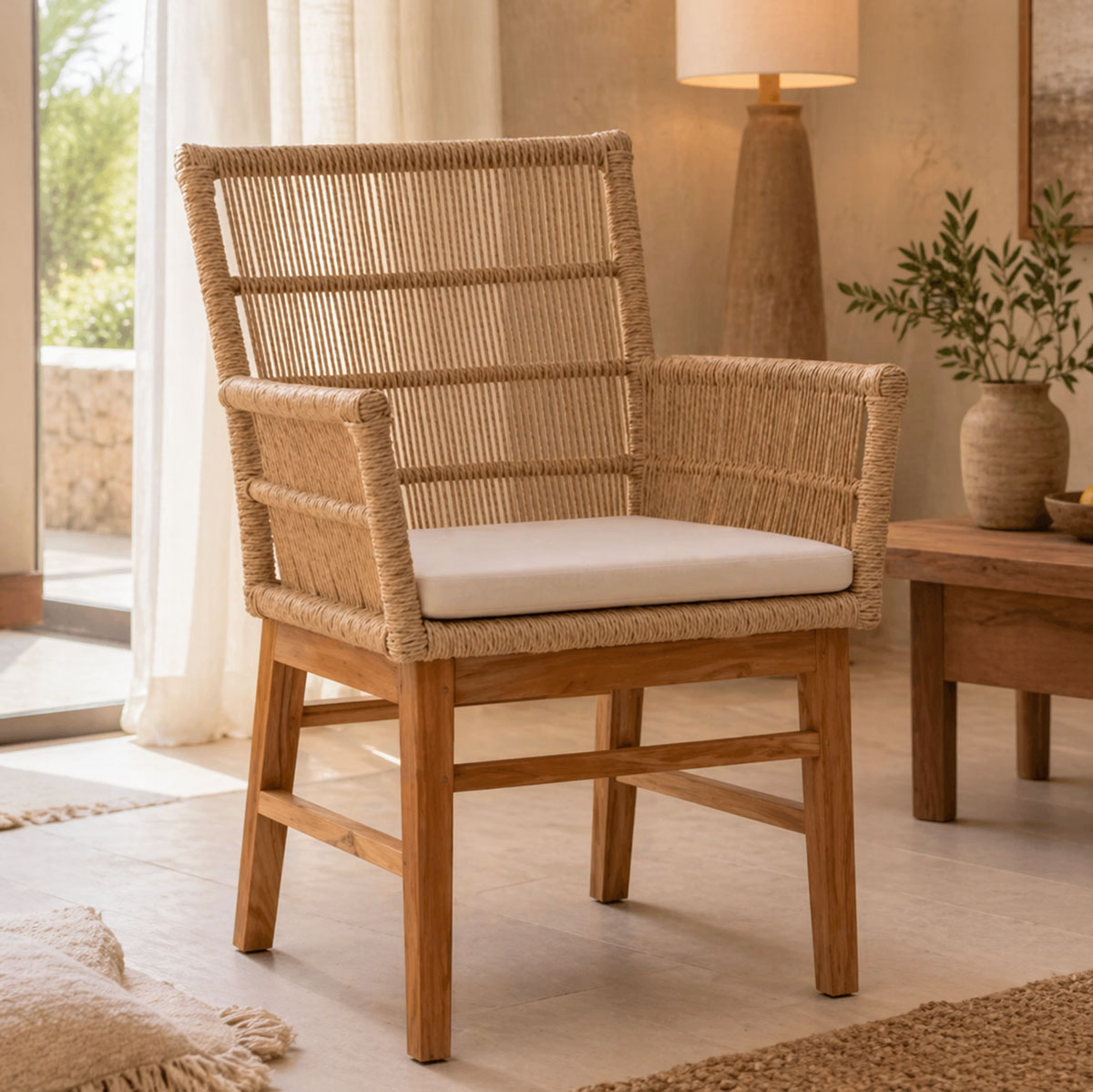 product_pako_343-000006 Πολυθρόνα Inca teak ξύλο και pe σχοινί σε φυσική-μπεζ απόχρωση με μαξιλάρι 60x61x90εκ - Image 1