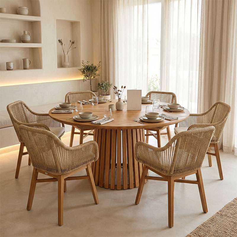 product_pako_343-000065 Τραπεζαρία Kalie-Kenda I σετ 7τεμ σε φυσική-μπεζ απόχρωση Φ120x75εκ - Image 1