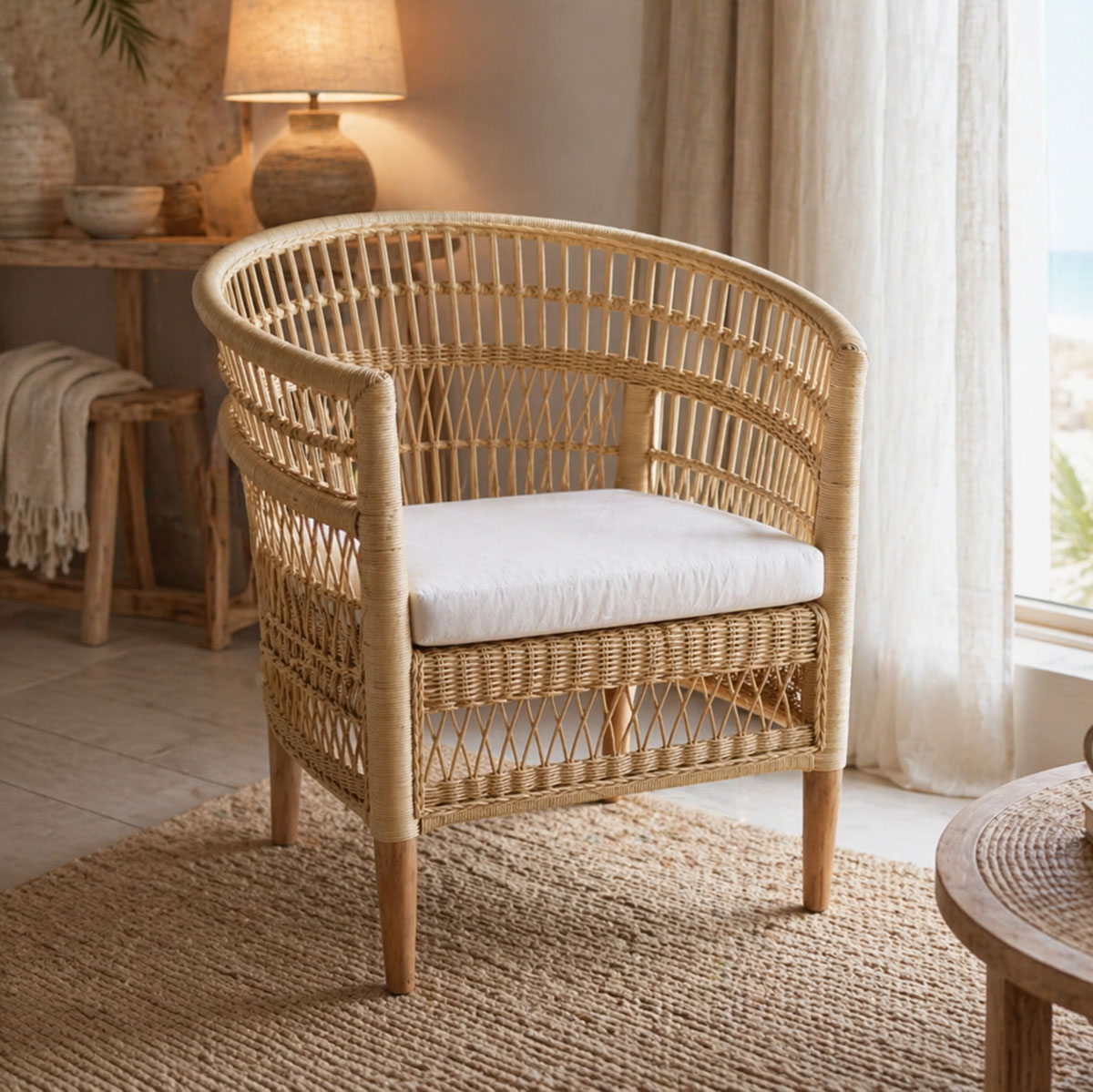 product_pako_343-000090 Πολυθρόνα Necorian paakoworld teak ξύλο με pe rattan σε φυσική απόχρωση και λευκό μαξιλάρι 80x70x87εκ - Image 1