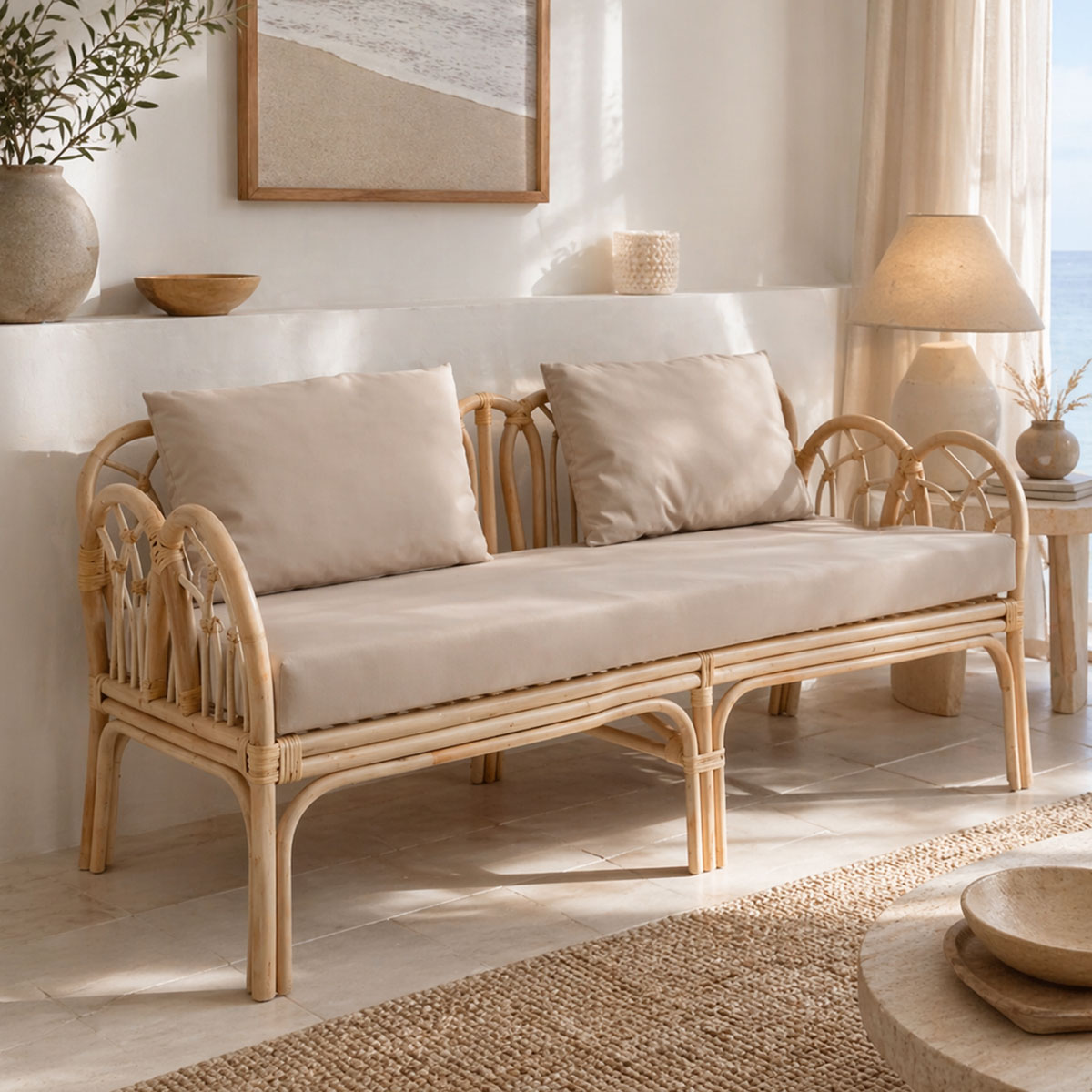 product_pako_344-000005 Καναπές διθέσιος Ytrone rattan σε φυσική απόχρωση με μπεζ μαξιλάρι 166x61.5x71εκ - Image 1