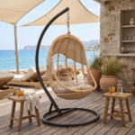 Κούνια Labreone rattan φυσική απόχρωση -μαύρο μέταλλο-μπεζ μαξιλάρι 82x82x200εκ