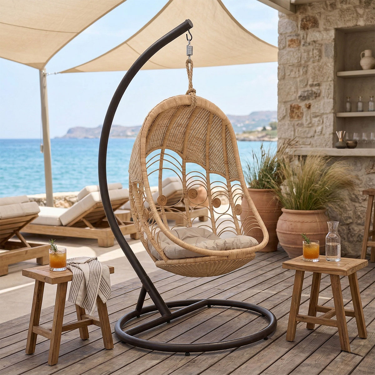 product_pako_344-000007 Κούνια Labreone rattan φυσική απόχρωση -μαύρο μέταλλο-μπεζ μαξιλάρι 82x82x200εκ - Image 1