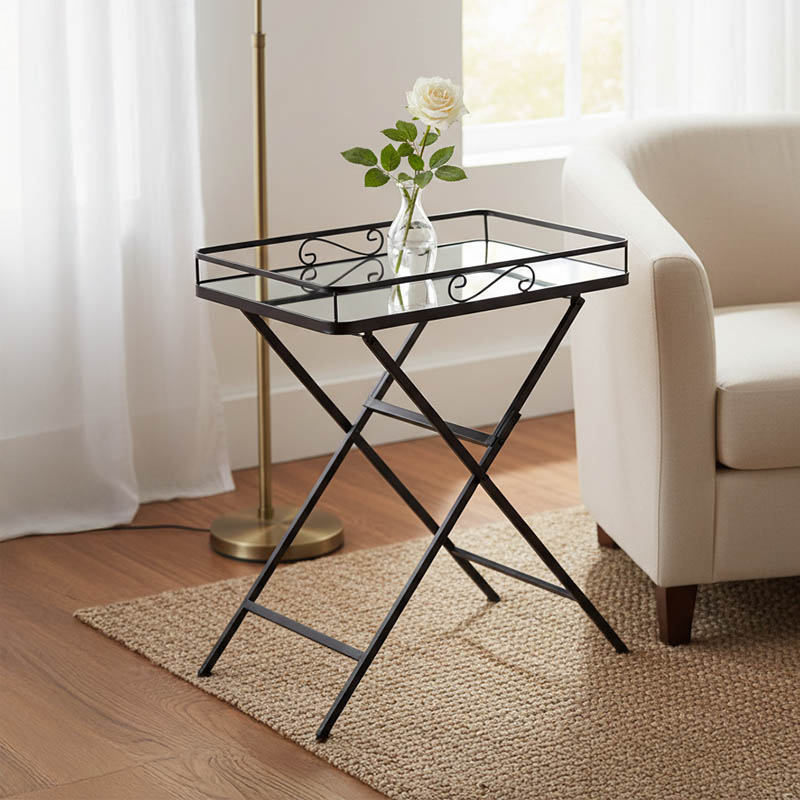 product_pako_352-000009 Τραπέζι Joene Inart πτυσσόμενο μαύρο μέταλλο-γυαλί καθρέπτη 60x38x68εκ - Image 1