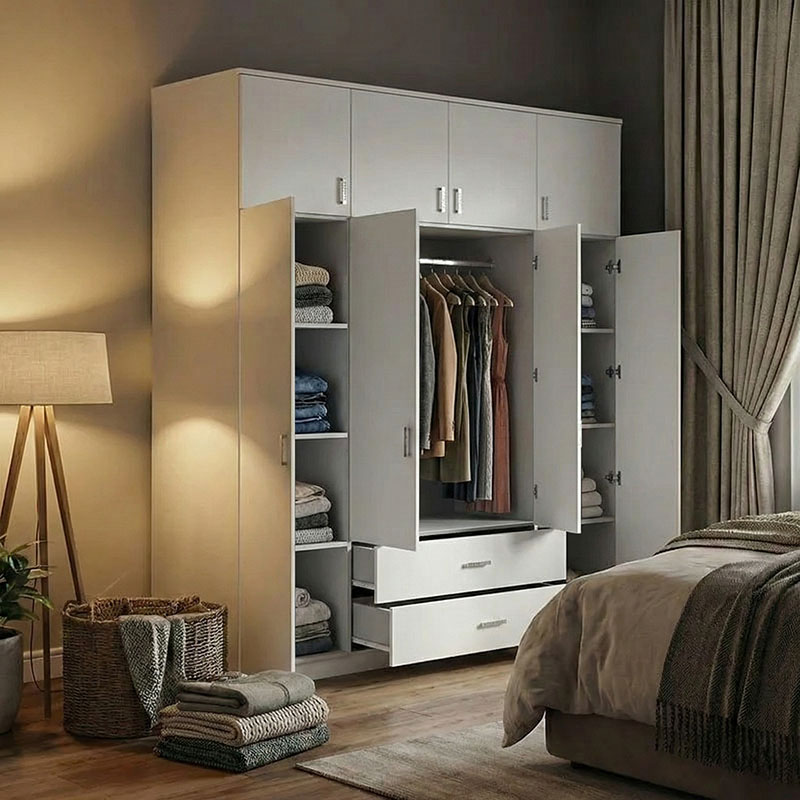 product_pako_361-000122 Ντουλάπα τετράφυλλη Royal με συρτάρια και πατάρι λευκό 200x58x230εκ - Image 1