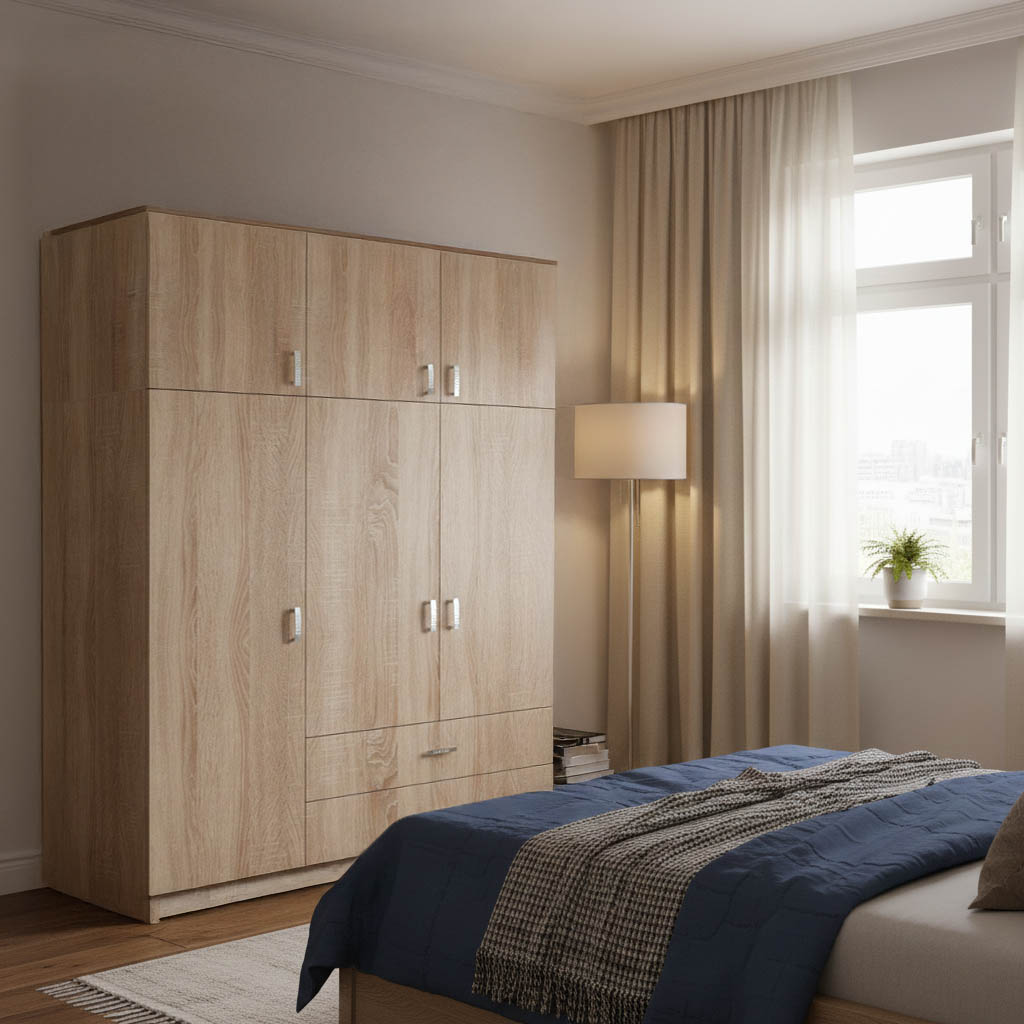 product_pako_361-000124 Ντουλάπα τρίφυλλη Royal με συρτάρια και πατάρι sonoma 150x58x230εκ - Image 1