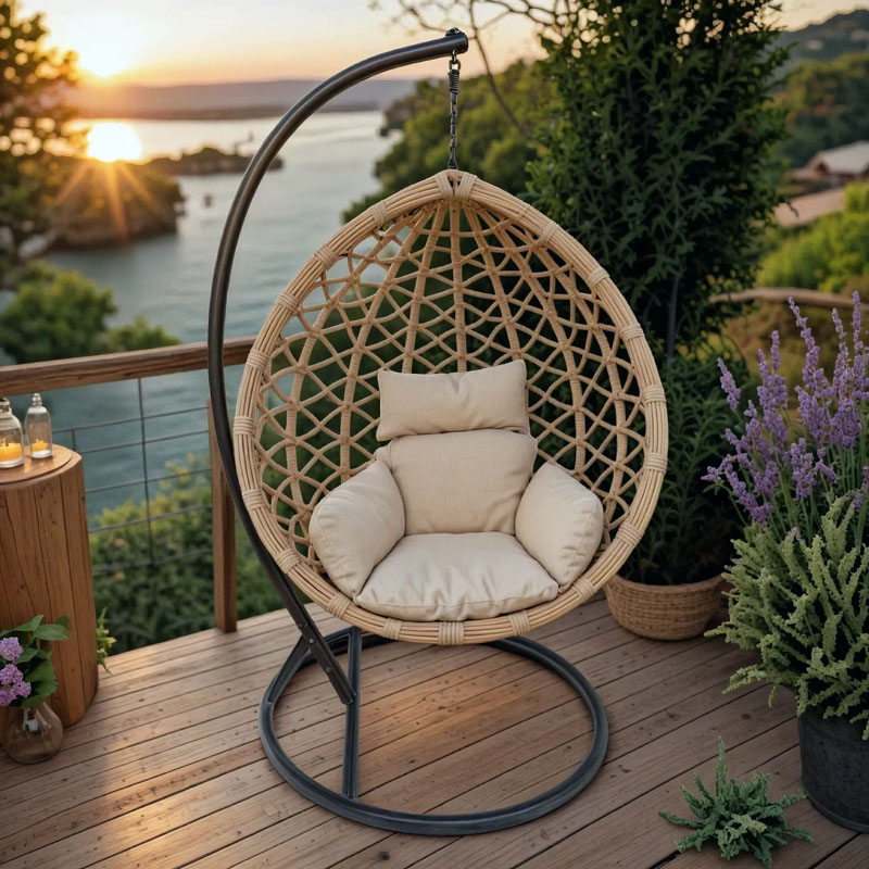 product_pako_368-000001 Κούνια φωλιά με βάση Lyere μέταλλο καφέ-pe rattan σε μπεζ απόχρωση 120x108x195εκ - Image 1