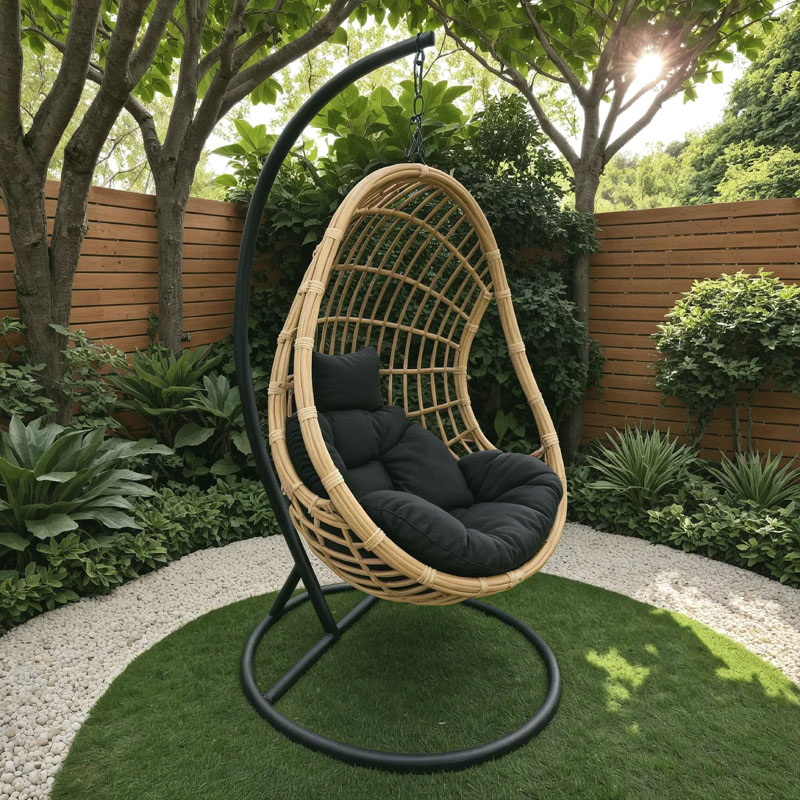 product_pako_368-000008 Κούνια φωλιά με βάση Cungo μέταλλο μαύρο- pe rattan μπεζ με μαύρο μαξιλάρι 125x105x195εκ - Image 1