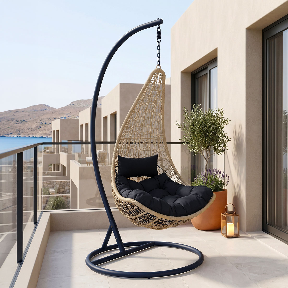 product_pako_368-000009 Κούνια φωλιά με βάση Soleil μέταλλο μαύρο- pe rattan φυσικό με μαύρο μαξιλάρι 120x95x195εκ - Image 1