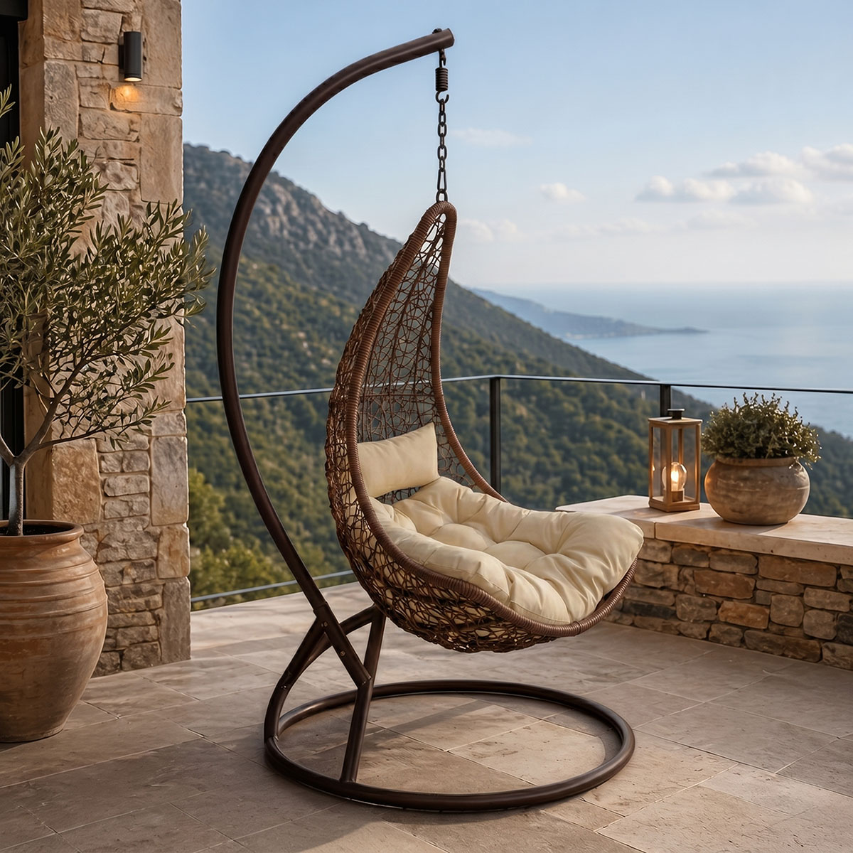 product_pako_368-000010 Κούνια φωλιά με βάση Soleil μέταλλο καφέ- pe rattan καφέ με μπεζ μαξιλάρι 120x95x195εκ - Image 1