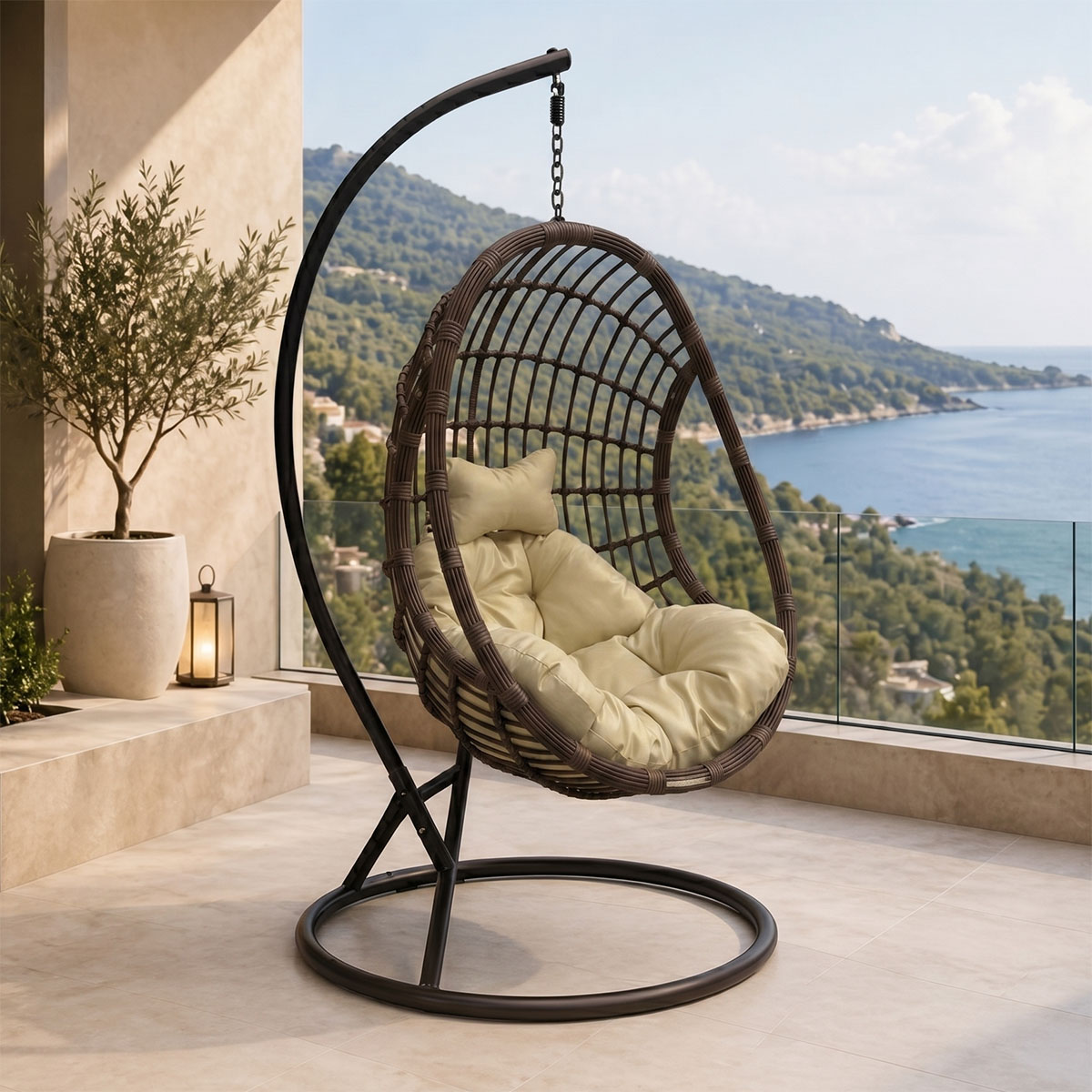 product_pako_368-000011 Κούνια φωλιά με βάση Cungo μέταλλο καφέ- pe rattan καφέ με μπεζ μαξιλάρι 125x105x195εκ - Image 1
