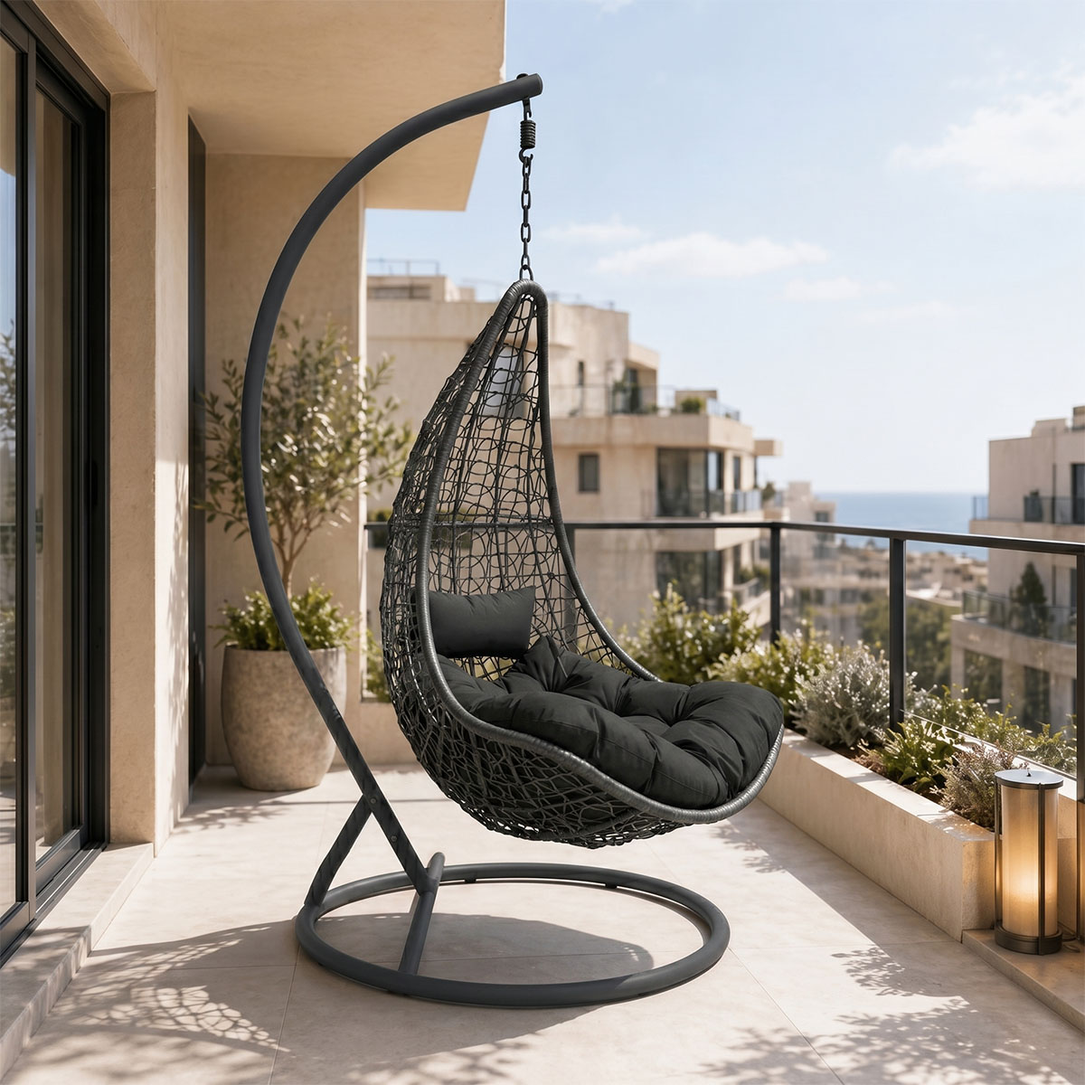 product_pako_368-000012 Κούνια φωλιά με βάση Soleil μέταλλο ανθρακί- pe rattan ανθρακί με γκρι μαξιλάρι 120x95x195εκ - Image 1