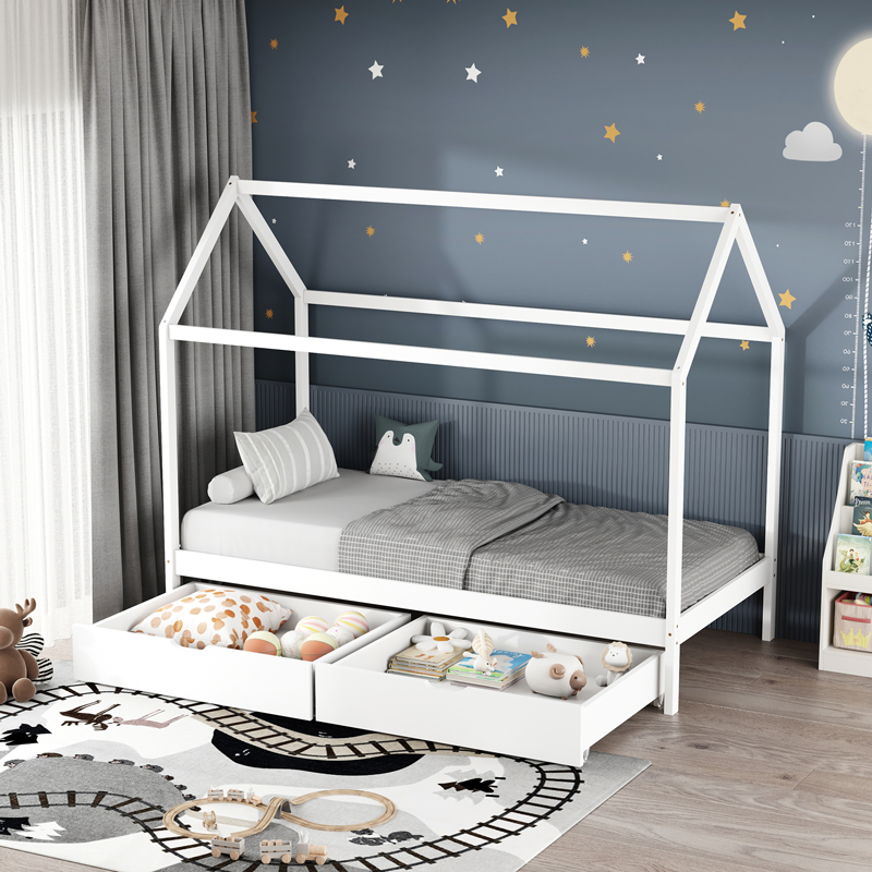 product_pako_370-000005 Παιδικό κρεβάτι Mellin τ. Montessori με 2 συρτάρια ξύλο πεύκου σε λευκή απόχρωση 90x190εκ - Image 1