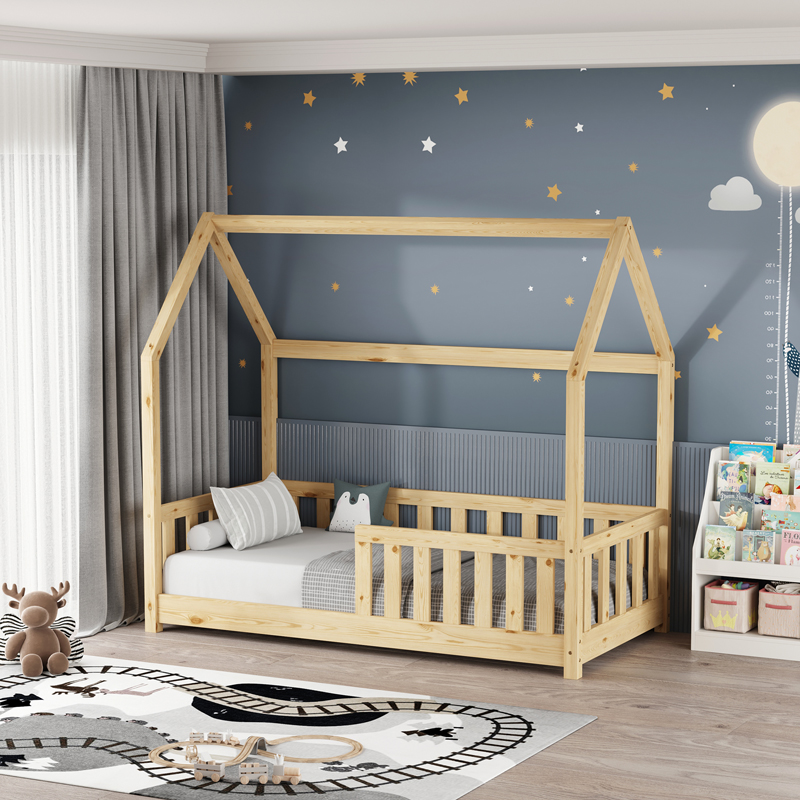 product_pako_370-000006 Παιδικό κρεβάτι Bambie με κιγκλίδωμα τ. Montessori ξύλο πεύκου σε φυσική απόχρωση 70x140εκ - Image 1