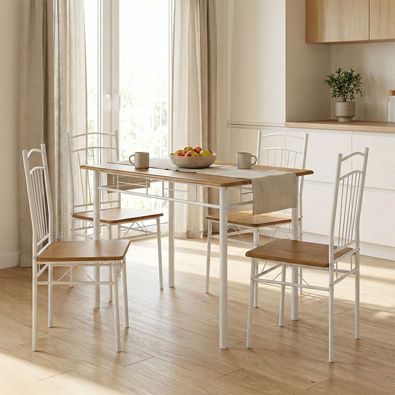 product_pako_374-000001 Τραπεζαρία Reforia σετ 5τμχ mdf σε φυσική απόχρωση με λευκά μεταλλικά πόδια 110x60x74εκ - Image 1