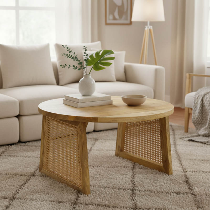 product_pako_376-000007 Τραπέζι Tamarind ξύλο mango-φυσικό rattan σε φυσική απόχρωση Φ65x40εκ - Image 1