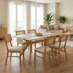 Τραπεζαρία Raffles σετ 7τεμ rubberwood με pe rattanσε φυσική απόχρωση 150x90x76εκ