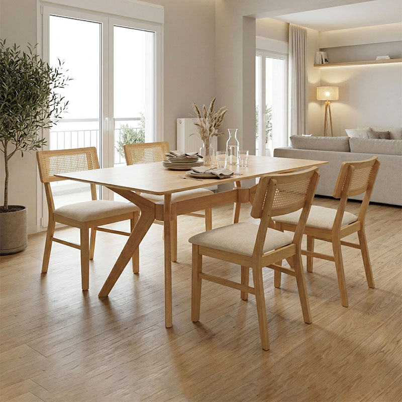 product_pako_381-000028 Τραπεζαρία Raffles σετ 5τεμ rubberwood με pe rattanσε φυσική απόχρωση 150x90x76εκ - Image 1