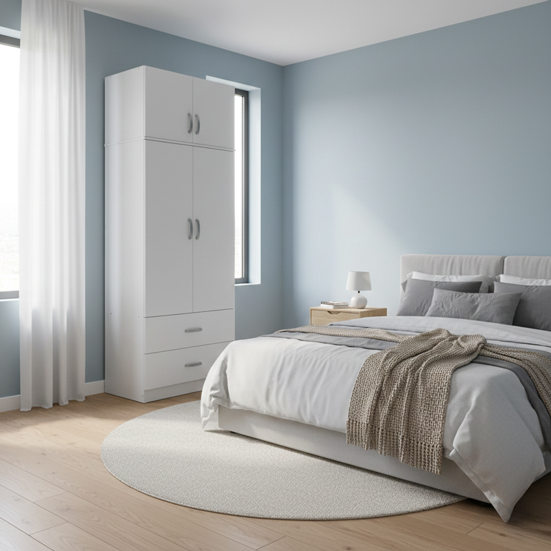 product_pako_383-000080 Ντουλάπα δίφυλλη με 2 συρτάρια και πατάρι Athos σε λευκή απόχρωση 80x42x240εκ - Image 1