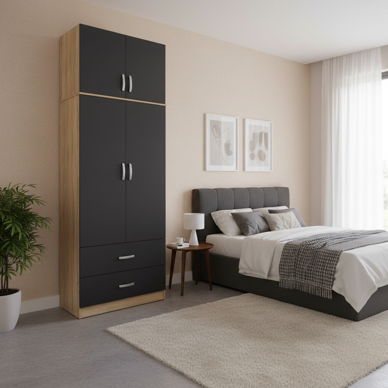product_pako_383-000081 Ντουλάπα δίφυλλη με 2 συρτάρια και πατάρι Athos σε oak-ανθρακί απόχρωση 80x42x240εκ - Image 1