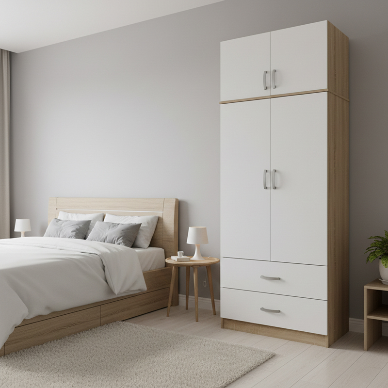 product_pako_383-000082 Ντουλάπα δίφυλλη με 2 συρτάρια και πατάρι Athos σε oak-λευκή απόχρωση 80x42x240εκ - Image 1