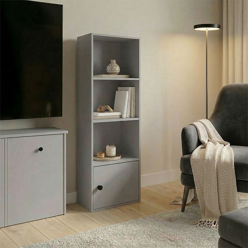 product_pako_383-000145 Βιβλιοθήκη-στήλη Lenobia με ντουλάπι ανοιχτό γκρι 30.5x24x95εκ - Image 1