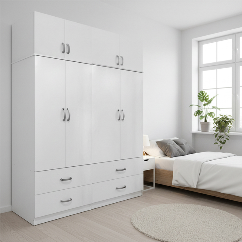 product_pako_383-000229 Ντουλάπα τετράφυλλη με συρτάρια και πατάρι Athos λευκή 160x42x240εκ - Image 1