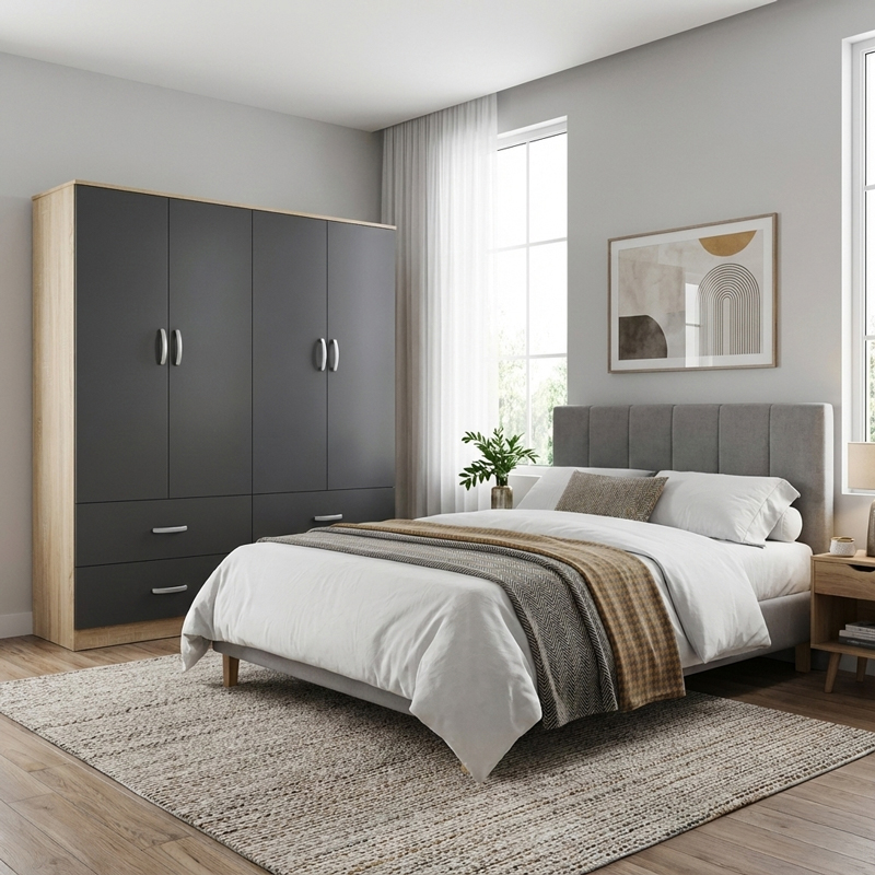 product_pako_383-000239 Ντουλάπα τετράφυλλη με συρτάρια Athos sonoma-ανθρακί 160x42x180εκ - Image 1