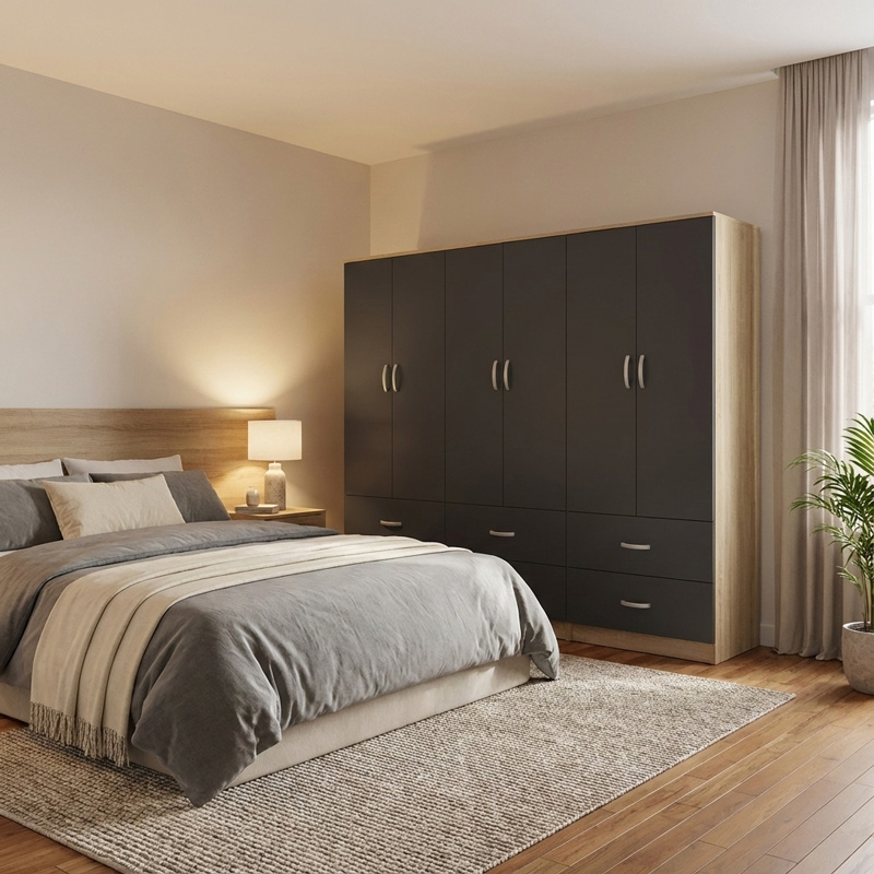 product_pako_383-000240 Ντουλάπα εξάφυλλη με συρτάρια Athos sonoma-ανθρακι 240x42x180εκ - Image 1