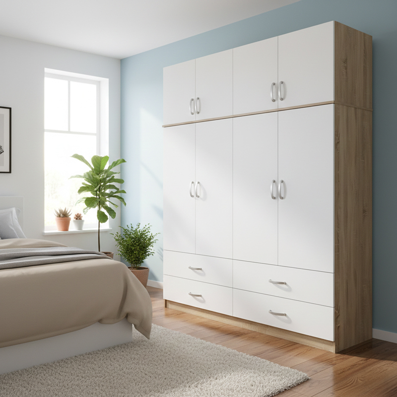 product_pako_383-000269 Ντουλάπα τετράφυλλη με συρτάρια και πατάρι Athos sonoma-λευκή 160x42x240εκ - Image 1