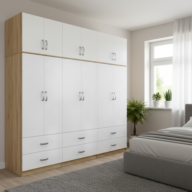 product_pako_383-000270 Ντουλάπα εξάφυλλη με συρτάρια και πατάρι Athos sonoma-λευκή 240x42x240εκ - Image 1