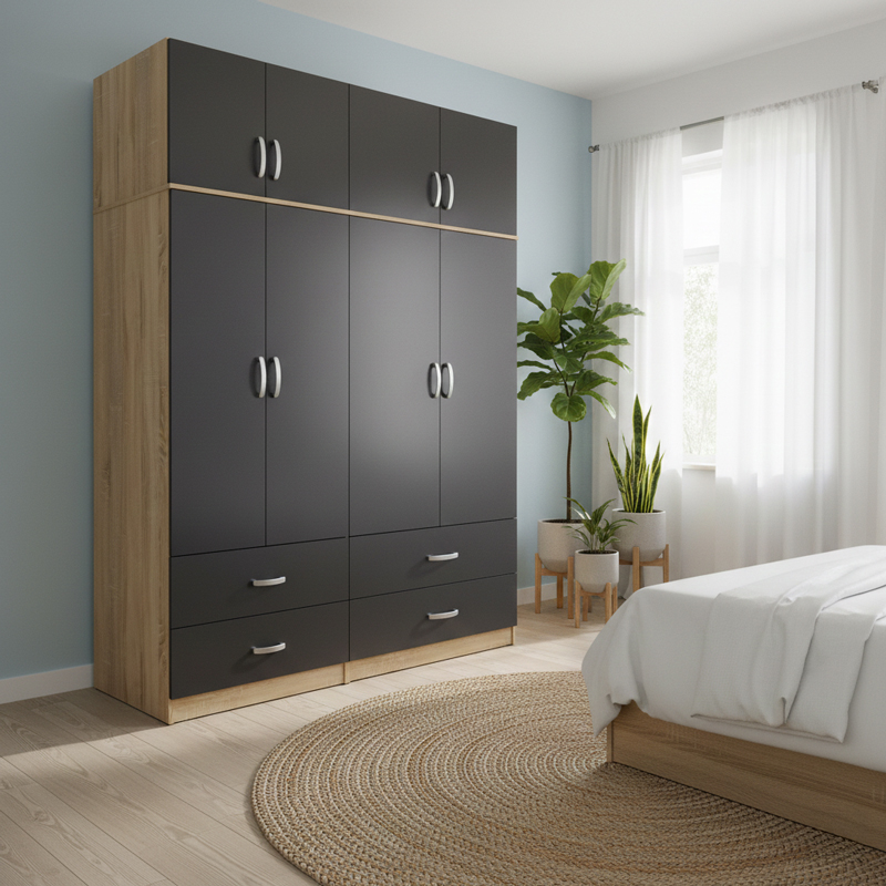 product_pako_383-000279 Ντουλάπα τετράφυλλη με συρτάρια και πατάρι Athos sonoma-ανθρακί 160x42x240εκ - Image 1