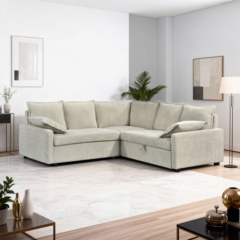 product_pako_389-000011 Γωνιακός καναπές κρεβάτι Lounivo ύφασμα μπεζ 215x215x84εκ - Image 1